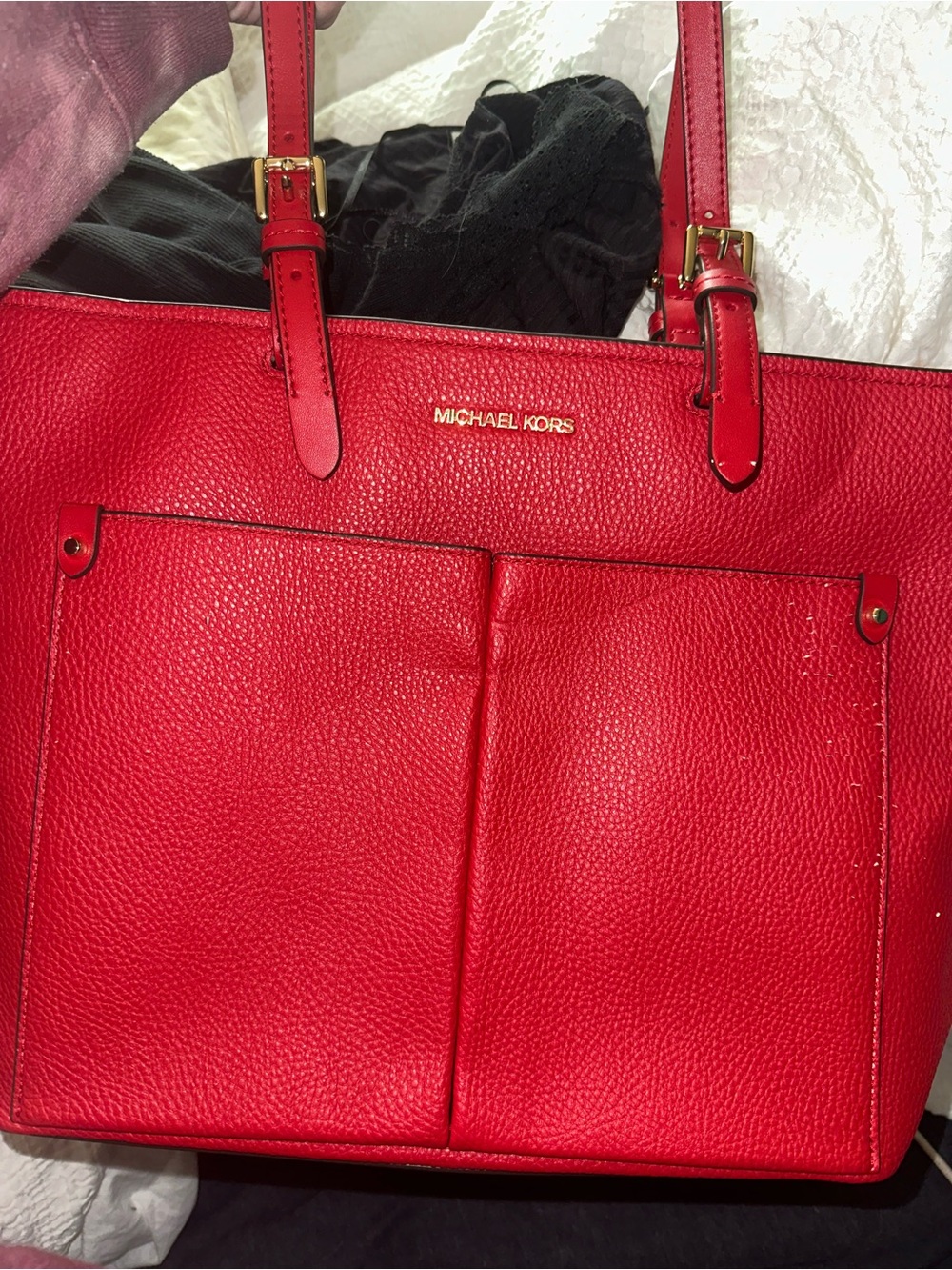 Michael Kors Red Pebbled Leather Tote with Gold Hardware